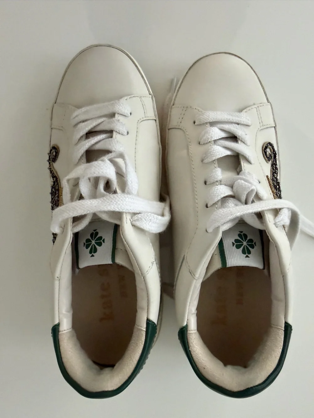 Kate Spade Ace Leopard Leather Sneakers White Green Beaded Cat Shoes Sz 7 EUC
